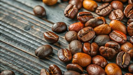Naklejka premium An arrangement of assorted coffee beans, highlighting the diversity in their colors and sizes, is laid out on a rustic wooden background, capturing their freshness and aroma
