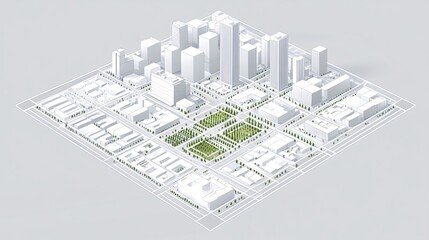 Obraz premium Isometric view of a city with buildings, streets, and green spaces.