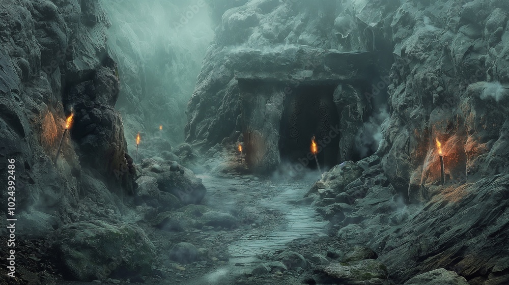 Poster a foreboding cave entrance surrounded by jagged rocks and thick fog. torches flicker along the path 