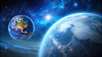 Fototapeta premium Blue Planet Earth, moon, stars, and sky reflection in water