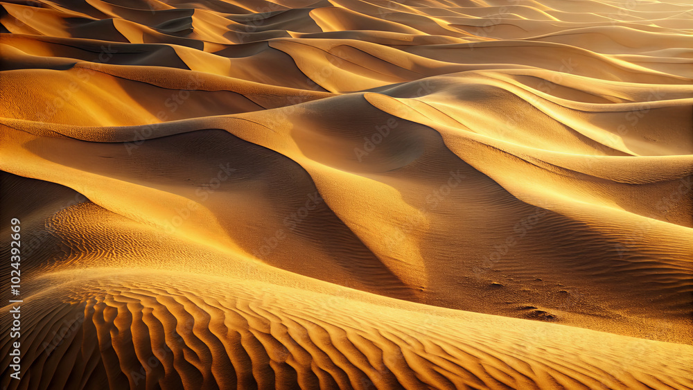 Poster gentle waves of golden sand stretch across the expansive desert, illuminated by the warm glow of the