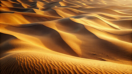 Gentle waves of golden sand stretch across the expansive desert, illuminated by the warm glow of the setting sun, creating mesmerizing textures and patterns