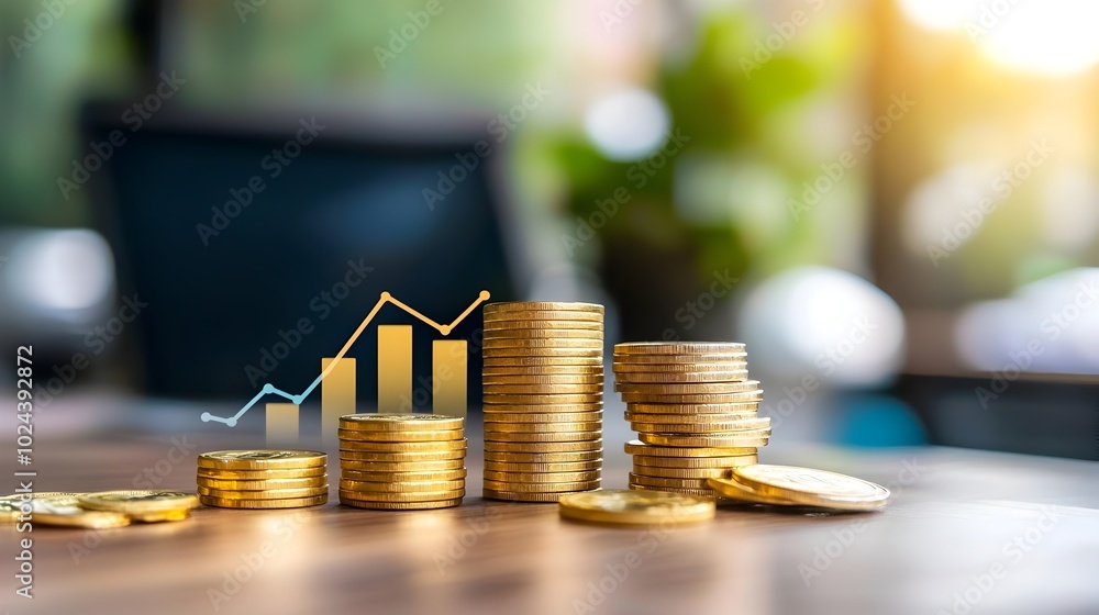 Poster conceptual image depicting financial growth and success through a stack of gold coins and a bar grap