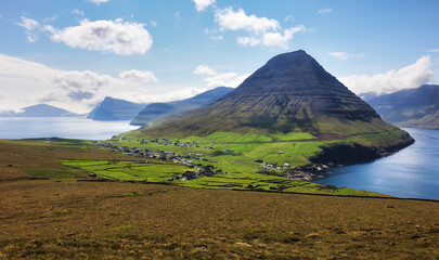 Volcano mountain landscape with ocean - Bordoy Vidareidi, Faroe island