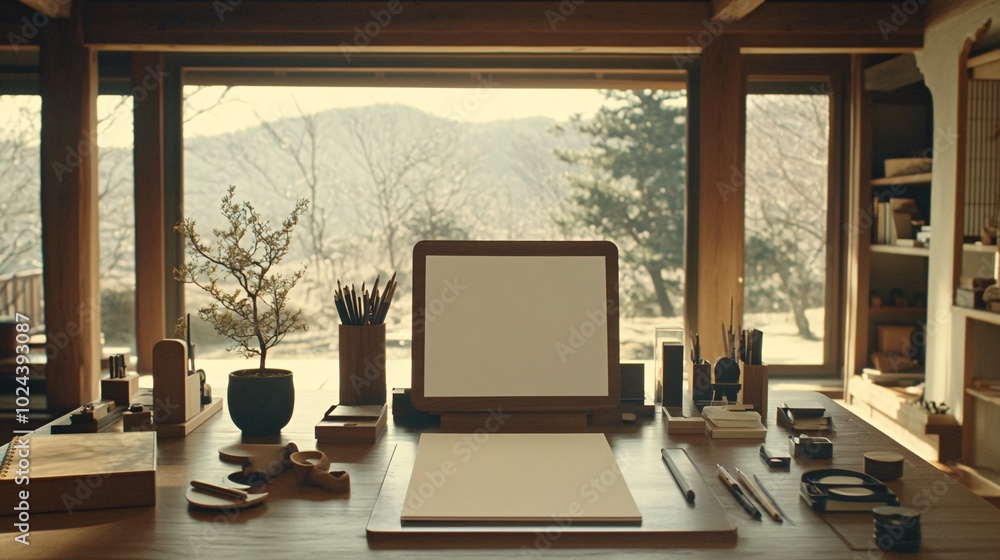 Poster minimalist workspace with a blank screen and mountain view.