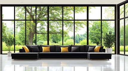 Modern living room with a black sectional sofa and yellow throw pillows, facing large windows with a view of a lush green garden.