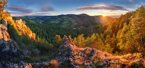 Sunset in nice mountain with sun, forest and rocks in Slovakia, summer landscape panorama - Hricov