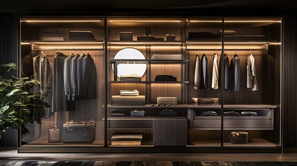 Modern walk-in closet with glass doors, wood shelves, and warm lighting.