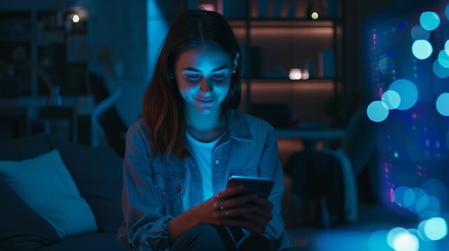 Happy woman using smartphone in dark office with tech overlay and 3D hologram for finance research, data analytics, or cybersecurity work