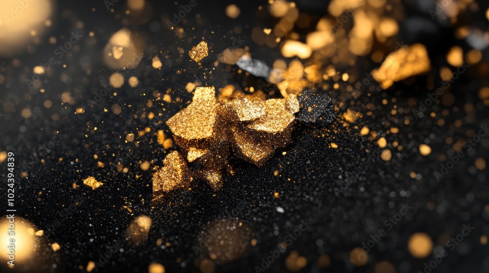 Poster golden glitter bursts forth in dynamic patterns on a deep black background, radiating energy and shi