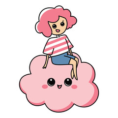 Pink Girl Sitting on a Cute Cloud Cartoon Illustration