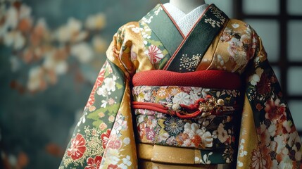 Naklejka premium Traditional Japanese Kimono with Floral Pattern