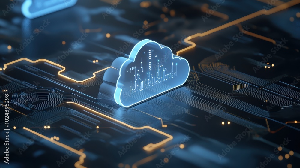 Aufkleber a digital cloud icon illuminated on a circuit board, symbolizing cloud computing technology.