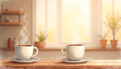 Obraz premium Two steaming cups of coffee on a wooden table with a cozy kitchen background