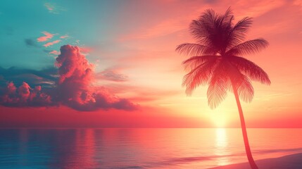 A single palm tree stands silhouetted against a vibrant sunset over the ocean.