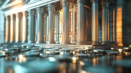 Obraz premium Bank Building on a Sea of Coins