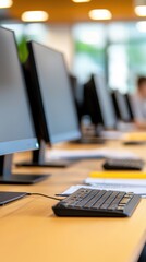 Modern office workspace with computers and keyboards, bright and organized environment.