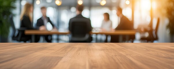 Meeting room with blurred figures and wooden table in focus.