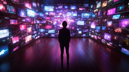 Person Standing in Room Full of Rapidly Changing Visuals