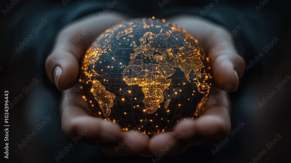 Poster close-up of hands holding a glowing globe, representing global connection and technology.