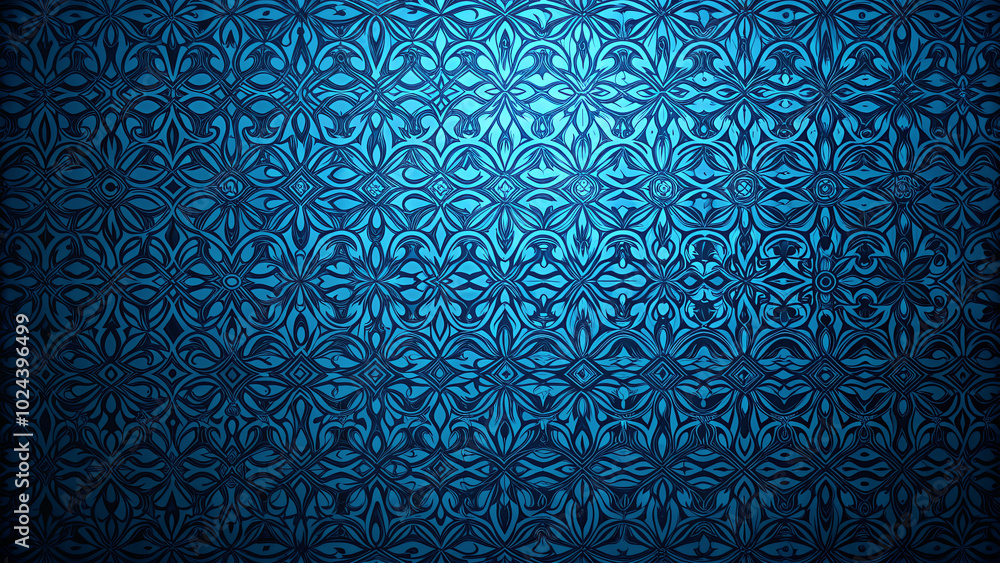Poster a deep blue backdrop features a complex, ornate pattern that creates a three-dimensional effect, enh