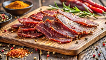 Thinly sliced spicy beef basturma on wooden board with raw beef meat in background