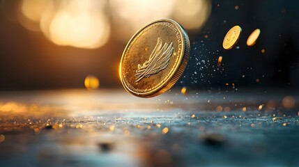 Close up Macro Shot of a Spinning Metal Coin on a Wooden Table Symbolizing the Concepts of Financial Risk Investment Uncertainty and Chance in Business Decisions