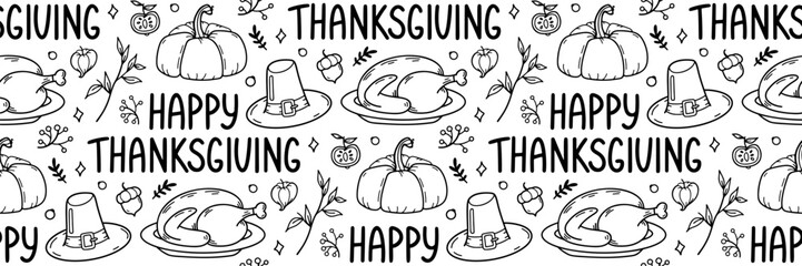 Happy Thanksgiving seamless pattern. Lettering, roast turkey, pumpkin and hat. Horizontal autumn background. Bird and harvesting. For wallpaper, invitation. Vector hand drawn doodle illustration.