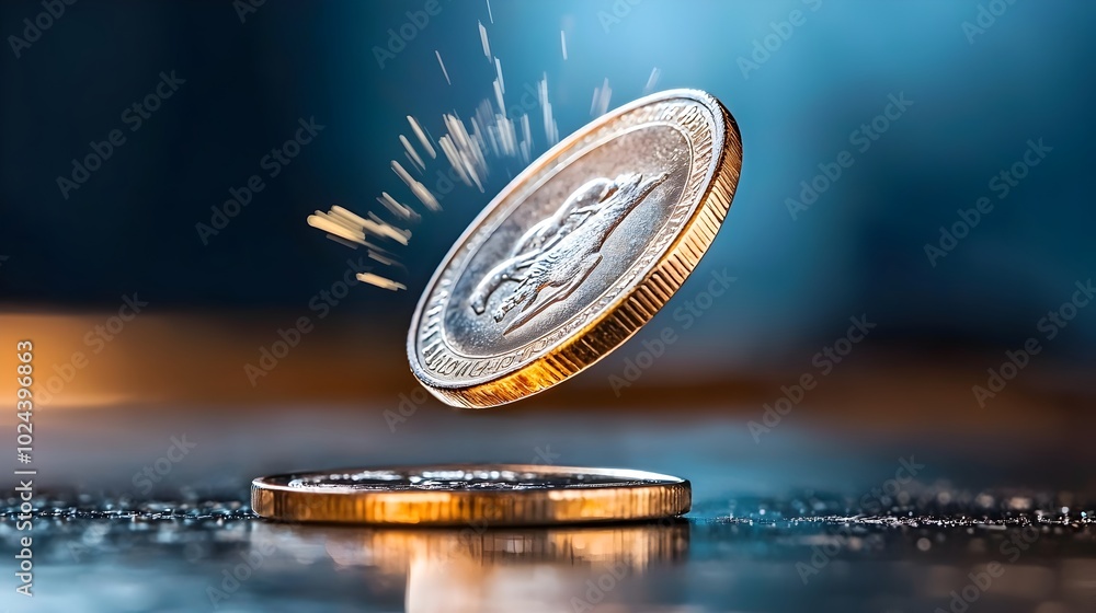Aufkleber macro shot of a spinning metallic coin on a table surface symbolizing the concepts of risk chance an