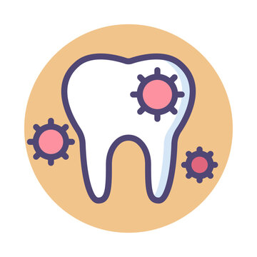 recommend clip art: A single white tooth with three pink and purple bacteria on a light orange background.