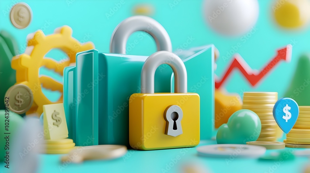 Poster secure financial data visualization with 3d rendered icons for investments analytics and business gr