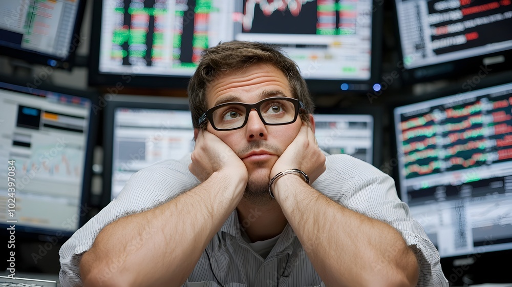 Poster professional financial trader closely analyzing various financial data and market trends displayed o