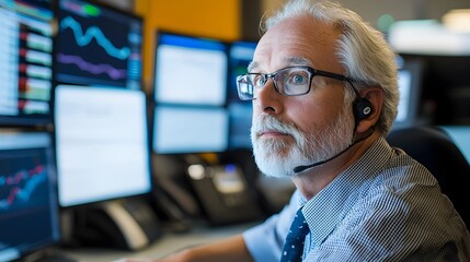Focused financial trader or closely examining market data charts and analytics displayed across multiple computer screens in a contemporary office workspace