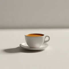 Minimalist coffee cup filled with espresso on white surface with shadow.