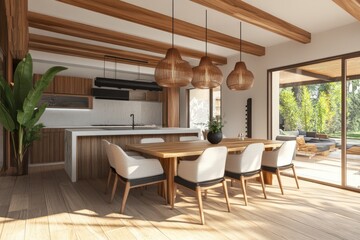 Fototapeta premium A large wooden dining table with a black vase of flowers in the center, generative ai image