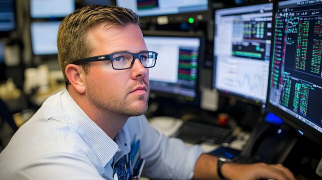 Financial Trader Analyzing Multiple Screens Displaying Market Data Charts and Graphs in a Modern Office Environment