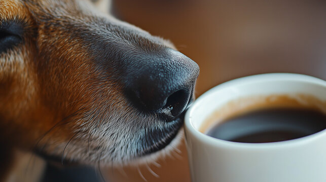 Dog sniffing coffee cup close-up, captured in warm, cozy indoor environment