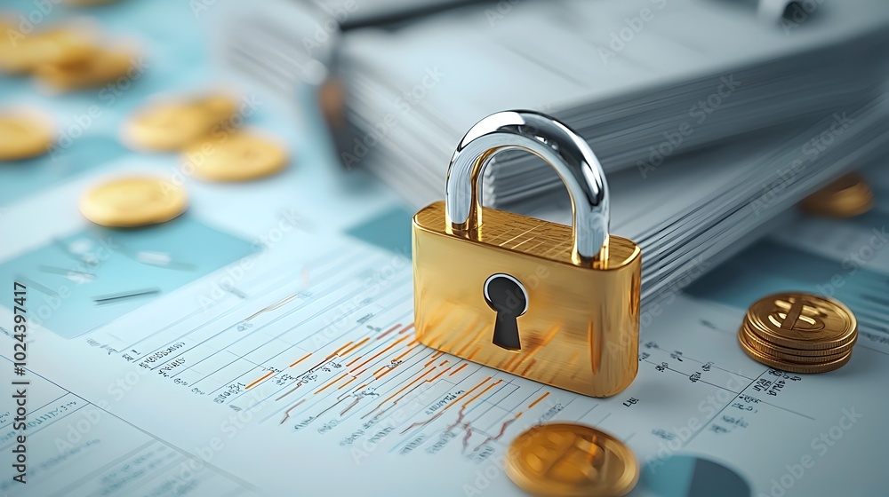 Poster 3d rendered of financial security icons including locks graphs and charts symbolizing the concepts o