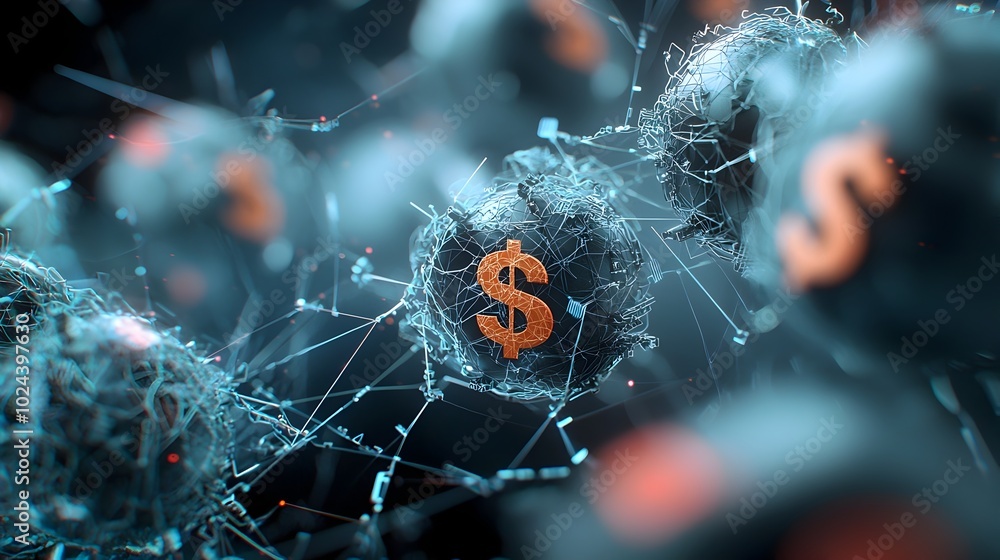 Poster abstract digital showcasing a global financial network with dynamic currency symbols representing th