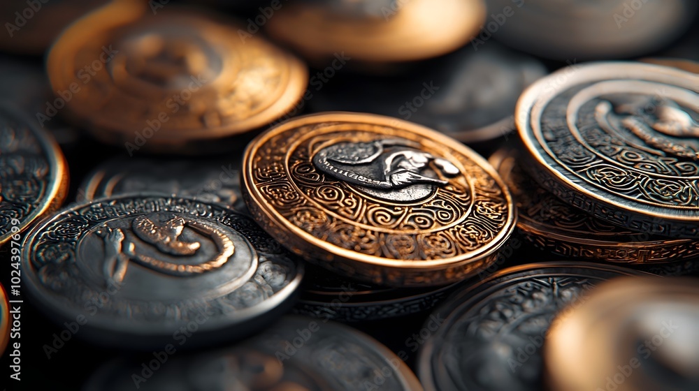 Poster mesmerizing closeup shot of an array of meticulously crafted gold and silver coins highlighting thei