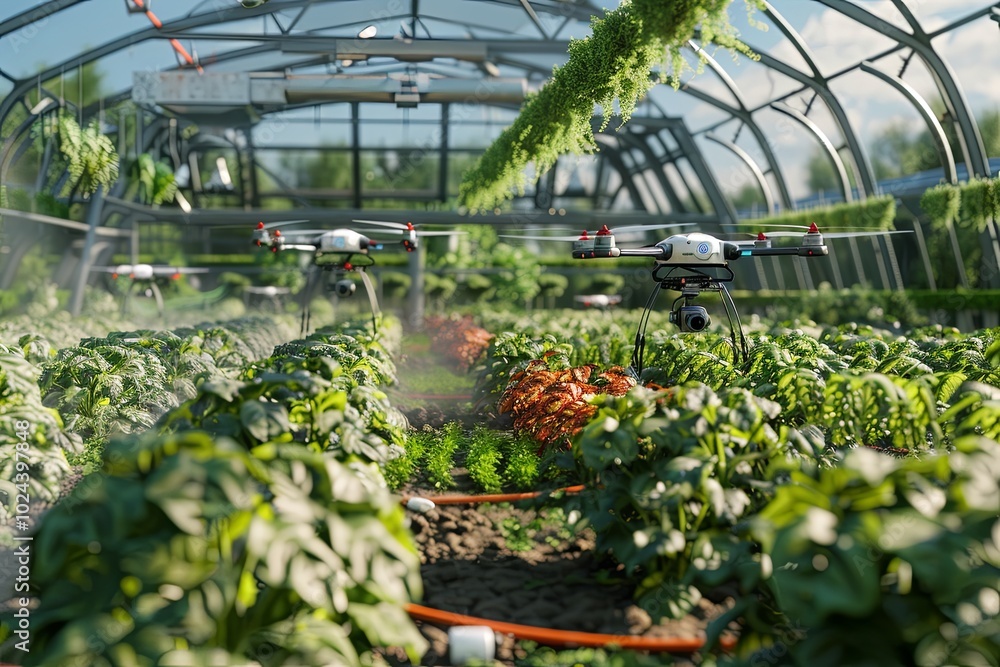 Aufkleber Drones and sensors actively monitor crops in a high-tech greenhouse, enhancing agricultural efficiency and productivity. Generative AI