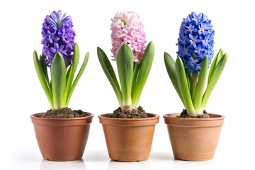 Three hyacinths in a pot isolated on white background