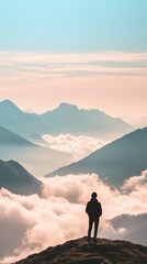 Obraz premium Silhouette of person standing on mountain peak above misty clouds at sunrise