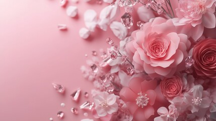 Obraz premium A vibrant arrangement of pink flowers and crystals on a soft pink background, exuding elegance and beauty.