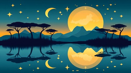 Obraz premium Silhouette of mountains and trees reflected in a still lake at night under a full moon.