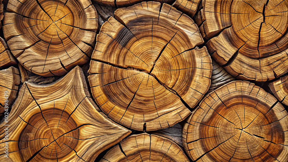 Poster the composition features a collection of polished log sections, showcasing their detailed grain patt