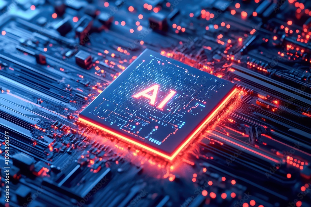 Poster a close-up of an ai chip embedded in a glowing circuit board. the chip is prominently labelled