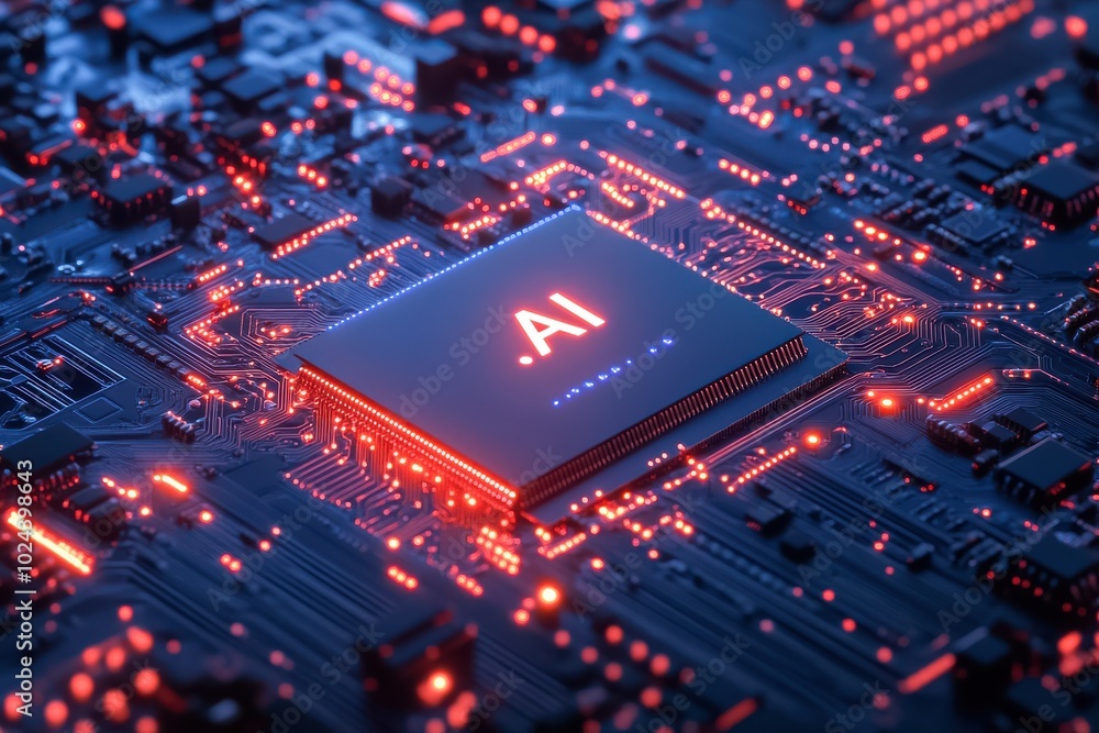 Poster a close-up of an ai chip embedded in a glowing circuit board. the chip is prominently labelled
