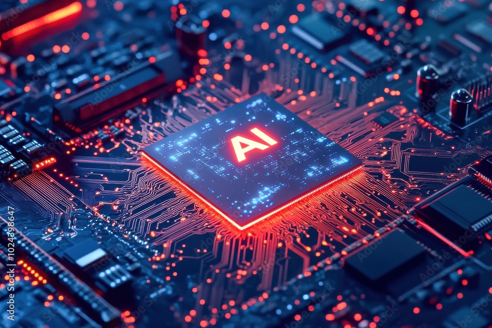 Poster a close-up of an ai chip embedded in a glowing circuit board. the chip is prominently labelled
