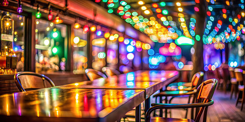A cozy outdoor dining setting features wooden tables and chairs under a dazzling array of colorful lights. The atmosphere is warm and inviting, perfect for a lovely evening out